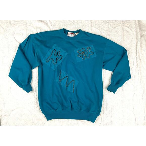 VTG Pullover Sweater MEDIUM Blue Satin Patches Sweatshirt CA Sport Women's - Picture 13 of 13